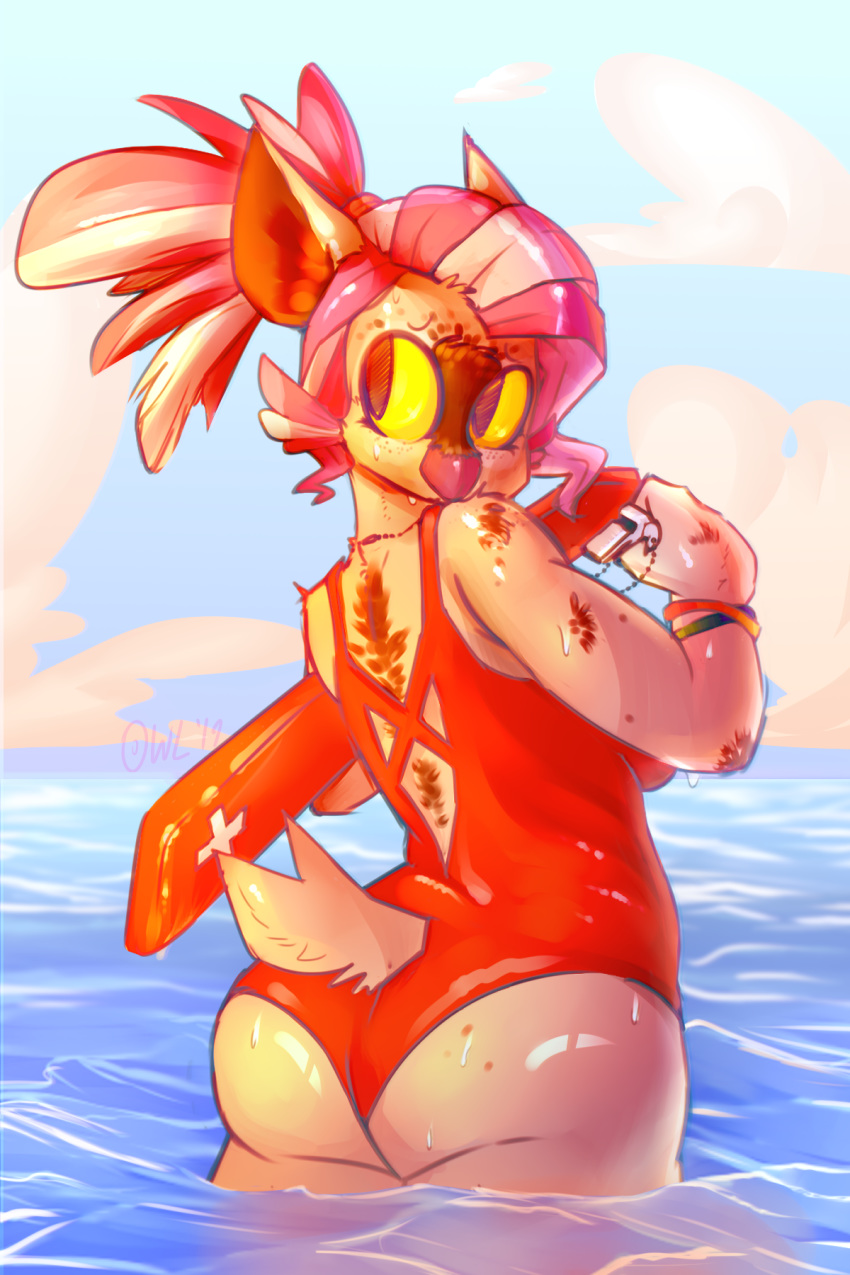 agoodowl anthro avian beach bird bodily_fluids breasts butt clothed clothing dripping feathers female hi_res lifeguard looking_back non-mammal_breasts outside owl pinup pose seaside soft solo summer sun sweat swimwear thick_thighs water