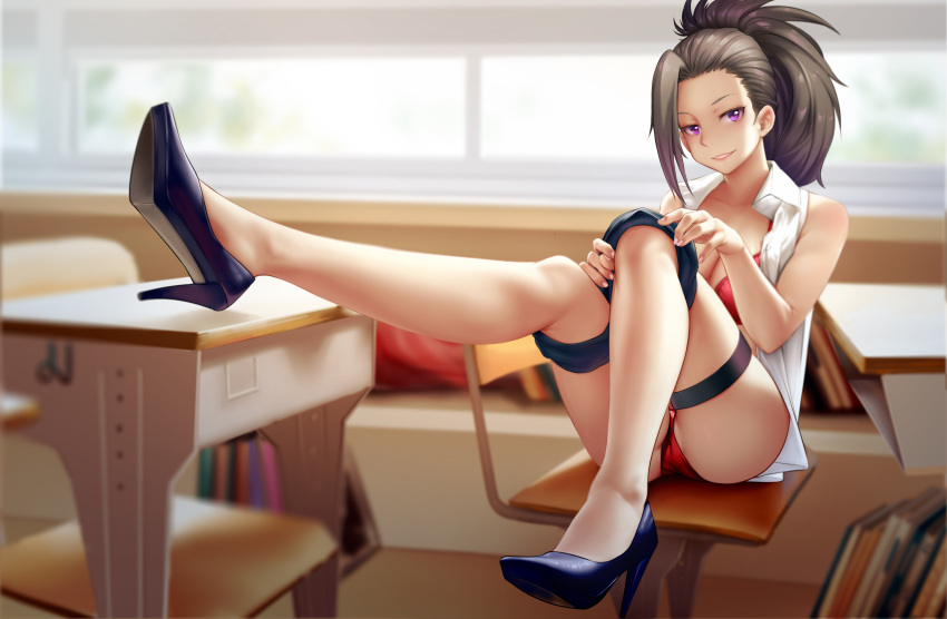 1girl absurdres artist_request ass bangs bare_shoulders black_hair blurry blurry_background boku_no_hero_academia bra breasts chair classroom cleavage commentary_request highres indoors large_breasts long_hair looking_at_viewer on_chair panties ponytail pumps purple_eyes red_bra red_panties shirt shorts_down sitting smile solo table underwear white_shirt yaoyorozu_momo