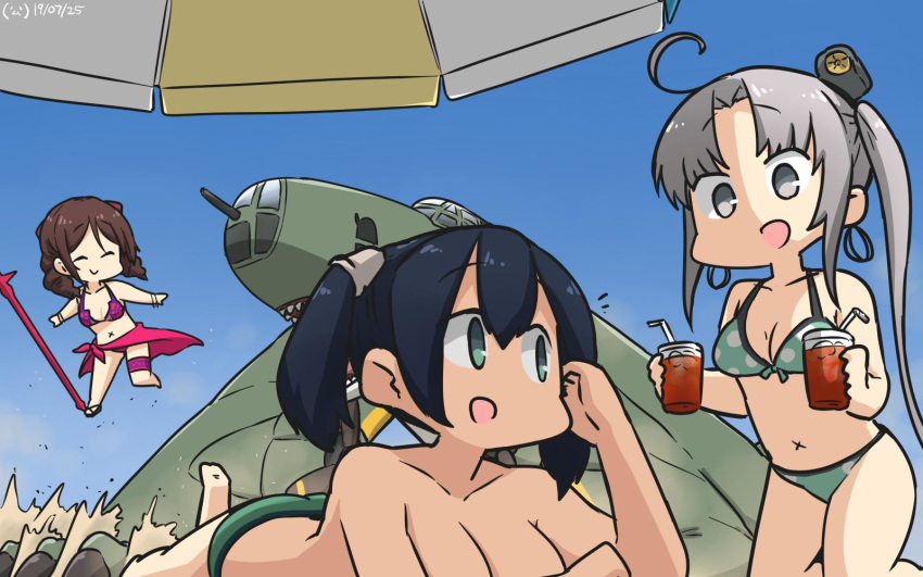 3girls ahoge aircraft airplane akitsushima_(kantai_collection) beach_umbrella bikini blue_eyes blue_hair blue_sky bow breasts brown_hair cleavage closed_eyes commentary_request dated day drill_hair drink fate/grand_order fate_(series) gae_bolg gradient_sky green_bikini grey_eyes grey_hair hair_bow hamu_koutarou harukaze_(kantai_collection) hat highres kantai_collection large_breasts long_hair lying medium_breasts mini_hat multiple_girls nishikitaitei-chan noto_mamiko on_stomach open_mouth outdoors pink_bikini pink_sarong polka_dot polka_dot_bikini red_bow sarong scathach_(fate)_(all) scathach_(swimsuit_assassin)_(fate) seiyuu_connection side_ponytail sidelocks sky smile souryuu_(kantai_collection) swimsuit topless twin_drills twintails umbrella x_navel