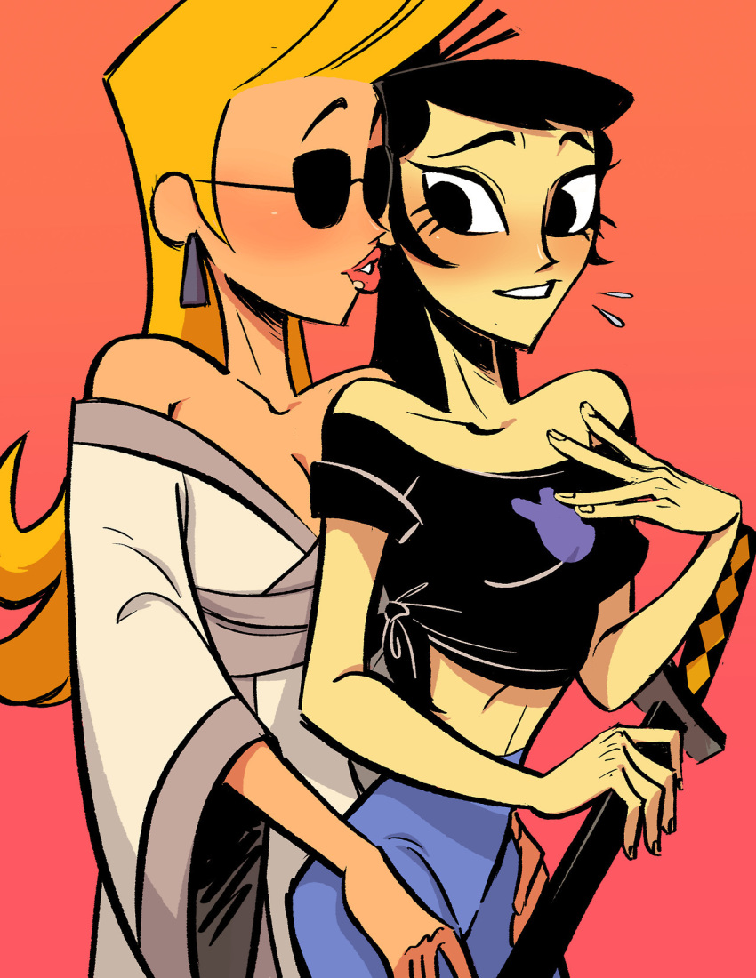 2girls bare_shoulders black_eyes blonde_hair blush breasts cartoon_network cleavage cosplay costume_switch crossover denim earrings eyelashes front-tie_top genderswap genderswap_(mtf) highres imminent_kiss jeans jewelry johnny_bravo johnny_bravo_(series) junkmix_(c2ndy2c1d) katana lips lipstick long_hair makeup medium_breasts midriff multiple_girls off-shoulder_kimono off_shoulder pale_skin pants pink_background pompadour samurai_jack samurai_jack_(character) samurai_jack_(character)_(cosplay) sheath sheathed slender_waist small_breasts sunglasses sword torso_grab weapon yuri