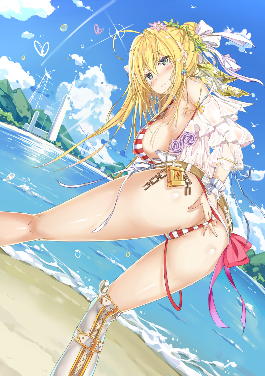 araragikoyomis ass bikini cameltoe erect_nipples fate/grand_order open_shirt panty_pull saber_extra see_through swimsuits