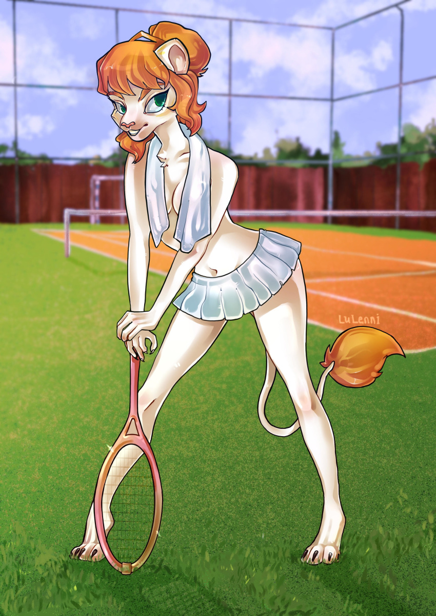 2019 absurd_res anthro blonde_hair bottomwear breasts claws cleavage clothed clothing digital_media_(artwork) felid female front_view fur green_eyes hair hand_towel hi_res holding_object lion lulenni mammal miniskirt navel outside pantherine racket sade_(firestorm3) skirt smile solo sport teenager teeth tennis tennis_racket toe_claws white_fur young