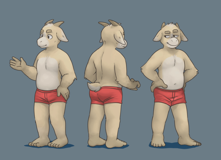 5_toes anthro bovid caprine clothing glitter_trap_boy goat hi_res horn male mammal mocha_the_pygmy_goat model_sheet seductive short slightly_chubby solo toes underwear