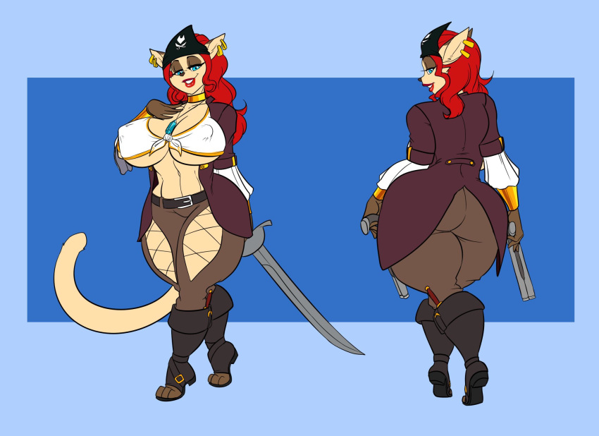 anthro big_breasts breasts clothed clothing curvaceous cutlass felid feline female hi_res kaboozle looking_at_viewer makeup mammal melee_weapon nipple_outline pirate_outfit smile solo standing sword thick_thighs weapon wide_hips