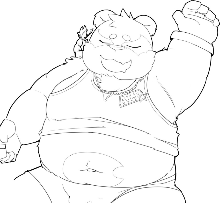 2019 alp_(tas) anthro belly bmf_6666 bulge clothed clothing eyes_closed giant_panda hi_res male mammal navel open_shirt overweight overweight_male shirt simple_background sleeping solo tokyo_afterschool_summoners topwear underwear ursid video_games white_background