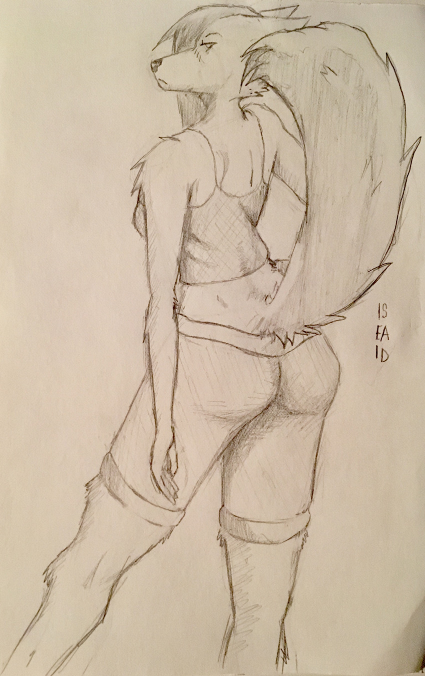 2019 absurd_res annoyed anthro big_tail blush breasts bubble_butt butt canid canine canis cheek_tuft clothed clothing eyelashes female fingers fluffy frown fur grey_clothing hi_res iseaid looking_at_viewer looking_back mammal portrait presenting presenting_hindquarters raised_tail rear_view shirt simple_background solo sportswear tank_top topwear tuft upset view white_fur wolf yoga yoga_pants