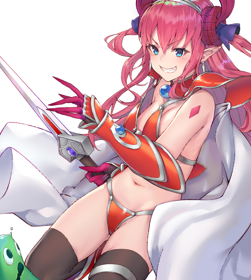 1girl absurdres armor bare_shoulders bikini_armor black_cola black_legwear blue_eyes breasts cape cleavage earrings elizabeth_bathory_(brave)_(fate) elizabeth_bathory_(fate) elizabeth_bathory_(fate)_(all) fate/grand_order fate_(series) floating_hair gauntlets grin highres holding holding_sword holding_weapon horns jewelry leg_up long_hair looking_at_viewer loose_clothes medium_breasts navel pink_hair pointy_ears shoulder_armor sidelocks simple_background smile stomach sword teeth thighhighs thighs two_side_up v-shaped_eyebrows weapon white_background