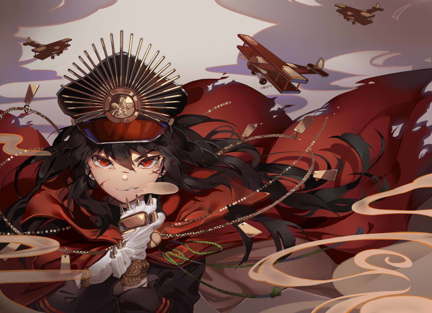 absurdres aircraft airplane bangle bangs biplane black_headwear bleeding blood blood_on_face bracelet breath cable cape cloud cuts earrings eyebrows_visible_through_hair family_crest fate/grand_order fate_(series) floating floating_hair glint gloves grin hair_between_eyes hat high_collar highres injury jewelry koha-ace lace lming_(2072878058) long_hair long_sleeves looking_at_viewer military military_hat military_uniform oda_nobunaga_(fate) peaked_cap putting_on_gloves red_cape red_eyes slit_pupils smile smirk smoke spiked_knuckles stud_earrings tassel teeth torn_cape torn_clothes uniform upper_body very_long_hair weapon white_gloves