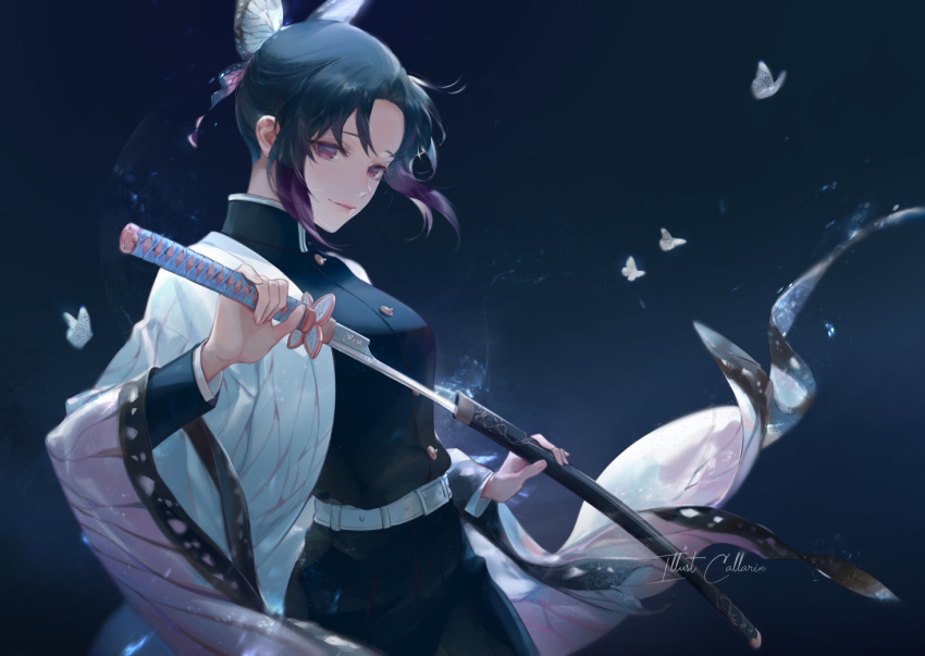 1girl belt black_hair black_jacket bug butterfly butterfly_hair_ornament callarinc commentary hair_ornament haori insect jacket japanese_clothes kimetsu_no_yaiba kochou_shinobu long_sleeves multicolored_hair purple_eyes purple_hair sheath short_hair solo sword two-tone_hair uniform unsheathing weapon