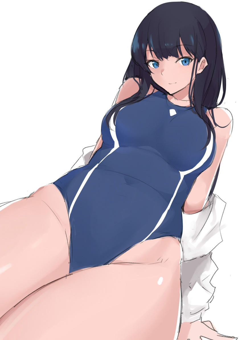 absurdres black_hair blue_eyes competition_school_swimsuit highleg highleg_swimsuit highres long_hair looking_at_viewer maruya1006 one-piece_swimsuit sketch smile ssss.gridman swimsuit takarada_rikka