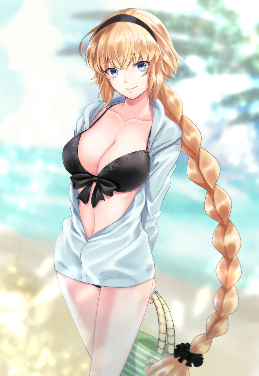 1girl bag bikini black_bikini black_headband blue_eyes blue_jacket blurry blurry_background braid breasts cleavage commentary_request cowboy_shot day fate/grand_order fate_(series) front-tie_bikini front-tie_top hair_ornament hair_scrunchie handbag headband highres hood hooded_jacket iwanaga_tm jacket jeanne_d'arc_(fate)_(all) jeanne_d'arc_(swimsuit_archer) large_breasts open_clothes open_jacket outdoors ponytail scrunchie single_braid smile solo swimsuit