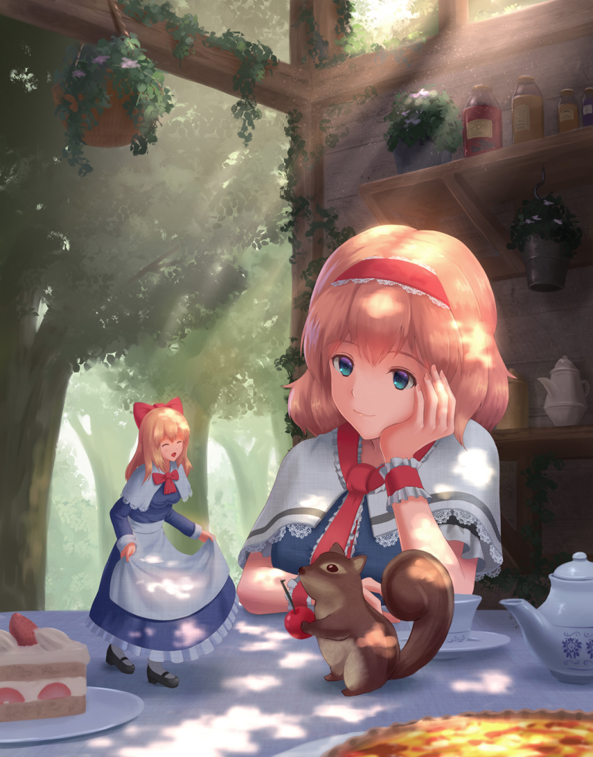 1girl aletto-mikan alice_margatroid apron black_footwear blonde_hair blue_dress blue_eyes blurry bow cake capelet cherry chipmunk closed_eyes cup curtsey dappled_sunlight day depth_of_field dress elbow_rest eyebrows_visible_through_hair food forest fruit hair_between_eyes hair_bow hairband head_in_hand head_rest highres jar light_rays lolita_hairband long_hair long_sleeves looking_to_the_side mary_janes nature neck_ribbon open_mouth outdoors plant potted_plant quiche red_neckwear ribbon saucer shanghai_doll shelf shoes short_hair shortcake skirt_hold slice_of_cake smile solo squirrel strawberry sunbeam sunlight table teacup teapot touhou waist_apron wrist_cuffs