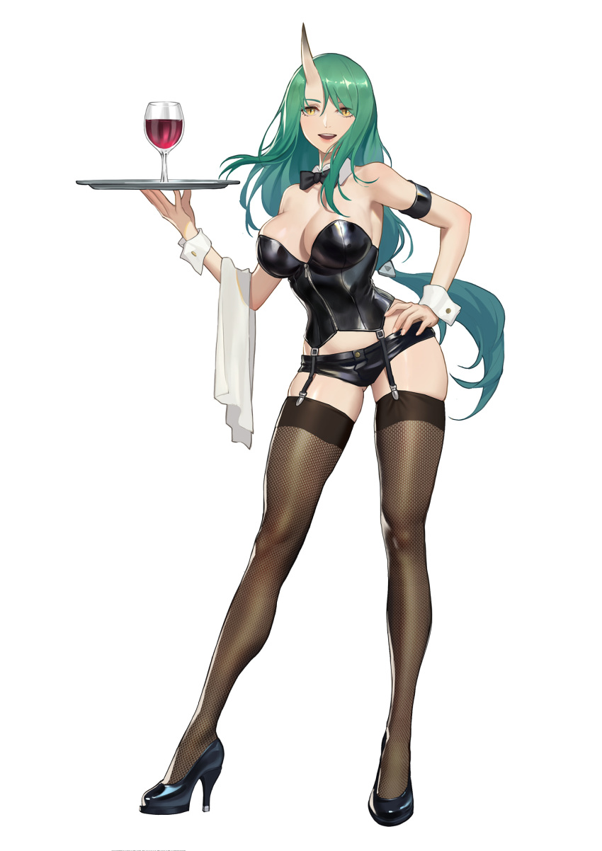 1girl arknights bare_shoulders bow bowtie breasts bustier cleavage contrapposto cup detached_collar drinking_glass fishnet_legwear fishnets garter_straps green_hair hand_on_hip high_heels highres horn hoshiguma_(arknights) kirino_ttk large_breasts long_hair looking_at_viewer low-tied_long_hair short_shorts shorts sidelocks skindentation solo standing thighhighs tray very_long_hair wine_glass wrist_cuffs yellow_eyes