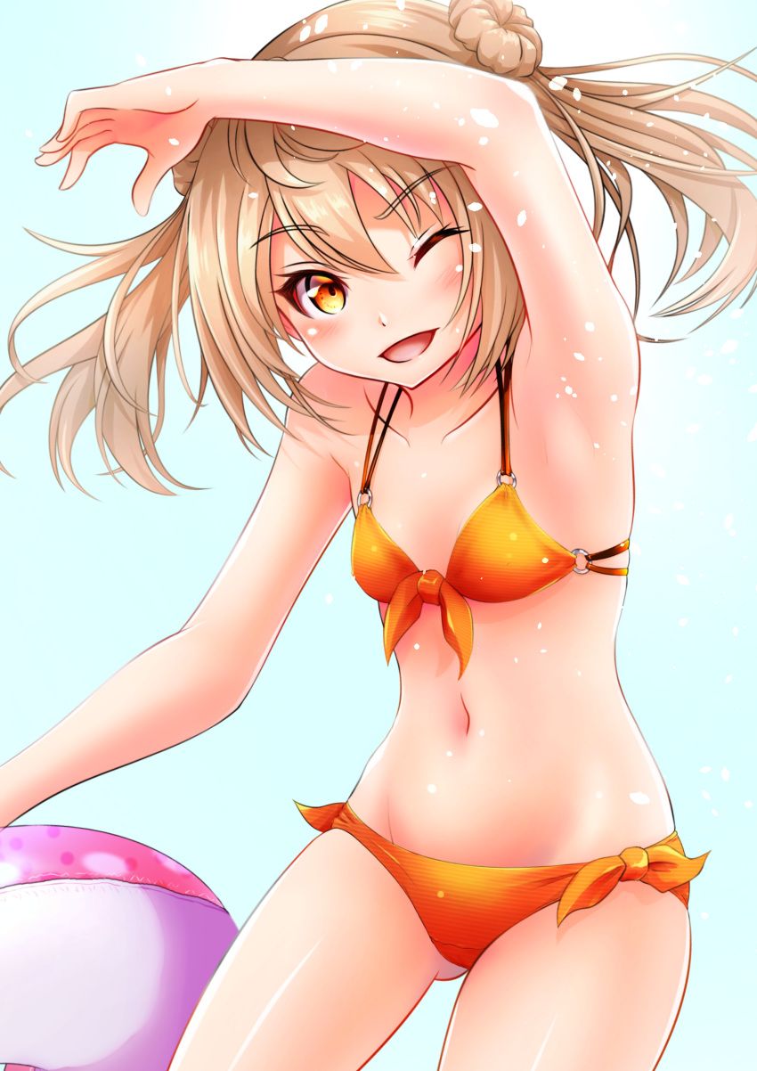 ;d absurdres alternate_costume armpits bare_shoulders bikini commentary_request cowboy_shot double_bun highres kantai_collection light_brown_hair looking_at_viewer makura_(14600189) michishio_(kantai_collection) midriff navel one_eye_closed open_mouth orange_bikini short_twintails simple_background smile swimsuit twintails white_background yellow_eyes