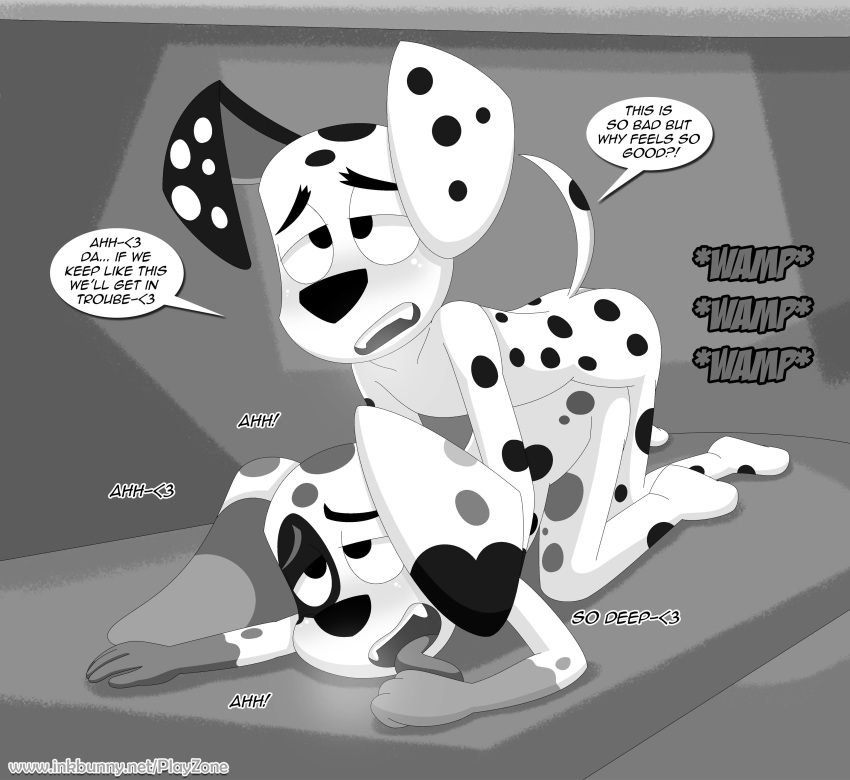 101_dalmatian_street 101_dalmatians absurd_res all_fours ambiguous_penetration anthro anthro_on_anthro anthro_penetrated anthro_penetrating anthro_penetrating_anthro black_and_white canid canine canis da_vinci_(101_dalmatians) dalmatian disney doggystyle domestic_dog duo dylan_(101_dalmatians) from_behind_position hi_res incest male mammal monochrome penetration playzone sex speech_bubble