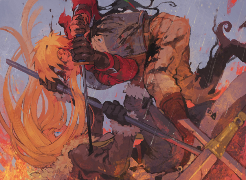 1boy 1girl akaneko_(redakanekocat) armor black_gloves blocking blonde_hair blood blood_on_face blue_eyes boots brown_footwear brown_gloves buckle crying embers fighting fire fur_trim gloves highres holding holding_sword holding_weapon injury long_hair looking_at_another outdoors pauldrons pixiv_fantasia pixiv_fantasia_last_saga rain red_eyes standing sword tearing_up tears weapon