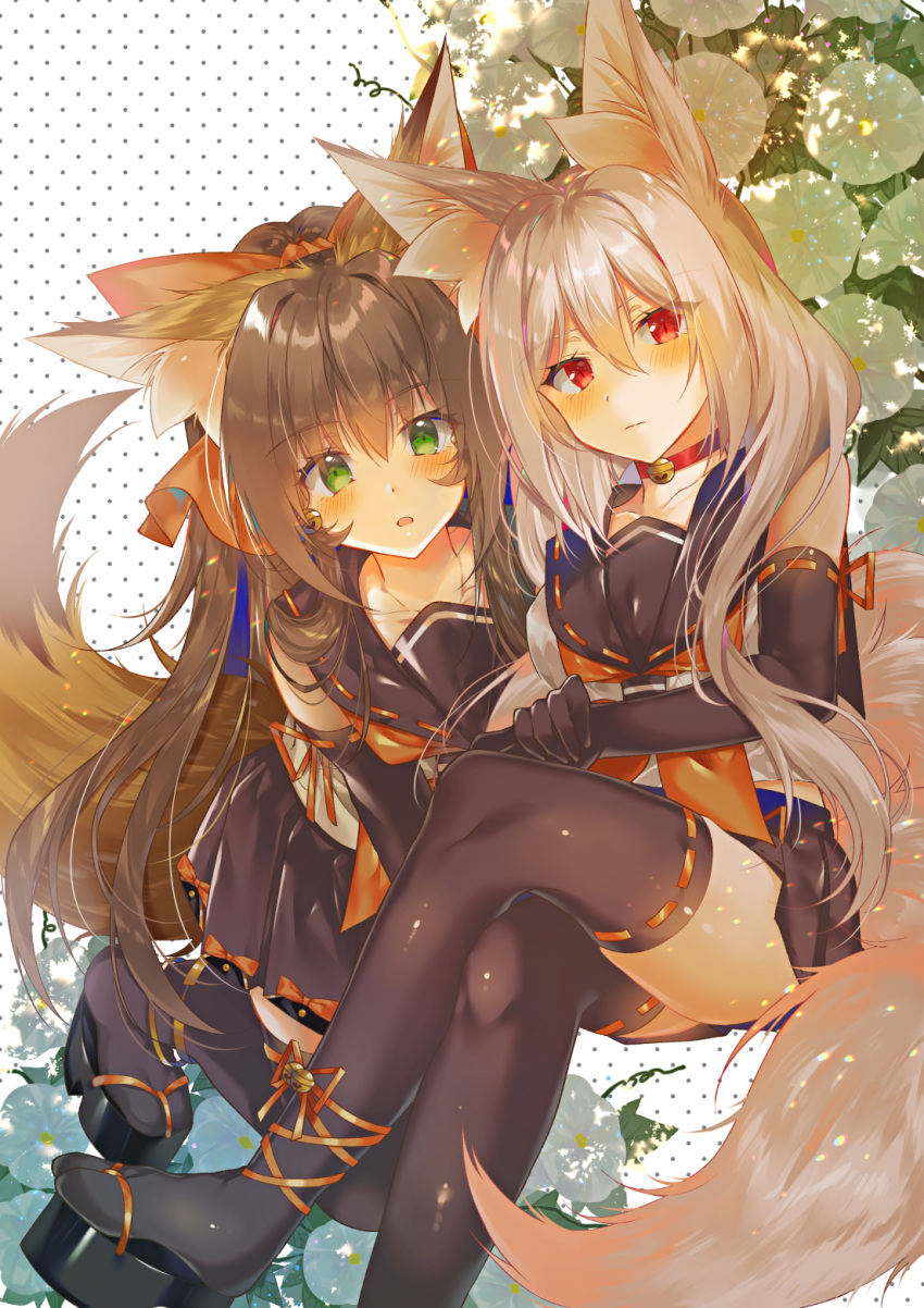 2girls animal_ear_fluff animal_ears bangs bell bell_choker black_footwear black_gloves black_sailor_collar black_skirt blush bow breasts brown_bow brown_hair choker closed_mouth collarbone commentary_request crossed_legs elbow_gloves eyebrows_visible_through_hair flower fox_ears fox_girl fox_tail gloves green_eyes hair_between_eyes hair_bow high_ponytail highres jingle_bell kneeling long_hair looking_at_viewer medium_breasts monaka_natsume multiple_girls neckerchief orange_neckwear original parted_lips platform_footwear pleated_skirt polka_dot polka_dot_background ponytail red_choker red_eyes ribbon-trimmed_gloves ribbon-trimmed_legwear ribbon_trim sailor_collar school_uniform serafuku shirt sidelocks skirt sleeveless sleeveless_shirt tail very_long_hair white_background white_flower white_shirt