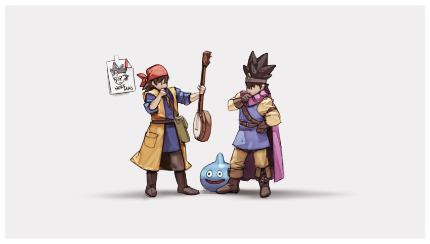 2boys absurdres banjo belt black_hair brown_hair brown_pants cape chin_stroking circlet dragon_quest dragon_quest_iii dragon_quest_viii grey_background hero_(dq8) highres instrument male_focus multiple_boys nin_nakajima pants purple_cape roto simple_background sleeves_folded_up slime_(dragon_quest) spiked_hair super_smash_bros. tunic