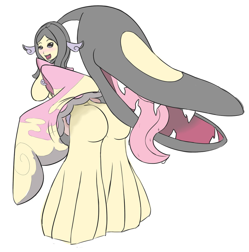 2015 alternate_species bent_over blush breasts butt butt_pose clothing featureless_breasts female fusion gym_leader hair_mouth happy humanoid lips mawile nintendo not_furry pok&eacute;mon pok&eacute;mon_(species) pok&eacute;morph rear-view simple_background solo teeth thetransformtentacle valerie_(pok&eacute;mon) video_games white_background