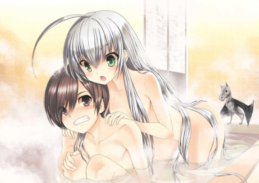 1boy 1girl :d ahoge bangs bathroom bathtub bent_over blush breasts brown_eyes brown_hair cleavage clenched_teeth collarbone embarrassed eyebrows_visible_through_hair green_eyes hair_between_eyes hair_censor hair_over_breasts haiyore!_nyaruko-san hands_on_another's_shoulder kneeling koin_(foxmark) long_hair novel_illustration nude nyarlathotep_(nyaruko-san) official_art open_mouth partially_submerged shiny shiny_skin silver_hair sitting small_breasts smile teeth very_long_hair yasaka_mahiro