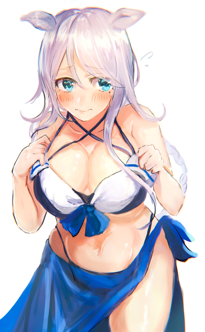 1girl absurdres adapted_costume bangs bikini black_bikini blue_eyes blue_sarong braid breasts cleavage commentary_request cowboy_shot hair_flaps highres kantai_collection large_breasts long_hair looking_at_viewer miyako_(00727aomiyako) mole mole_under_eye parted_bangs remodel_(kantai_collection) sarong silver_hair simple_background single_braid solo standing swimsuit umikaze_(kantai_collection) very_long_hair white_background
