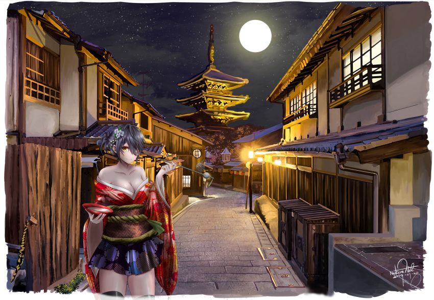 1girl alternate_costume architecture black_legwear breasts cityscape commentary_request east_asian_architecture eyepatch floral_print hair_ornament highres japanese_clothes kantai_collection kimono kyoto large_breasts moon nakura_haru night off-shoulder_kimono oiran outdoors pagoda purple_hair red_kimono road short_hair smile solo street tenryuu_(kantai_collection) thighhighs wide_sleeves yellow_eyes