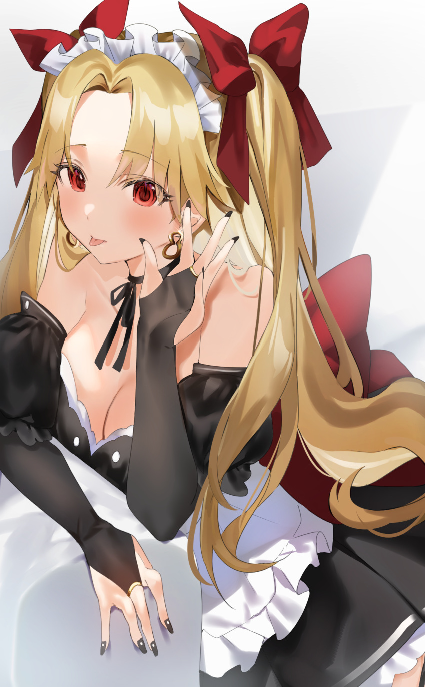 alternate_costume apron bangs blonde_hair breasts bridal_gauntlets choker cleavage earrings enmaided ereshkigal_(fate/grand_order) fate/grand_order fate_(series) frilled_apron frills hand_up highres infinity jewelry large_breasts leaning_on_object long_hair maid maid_headdress parted_bangs red_eyes ribbon_choker skull tongue tongue_out toosaka_rin two_side_up yuuko_(030_yuko)