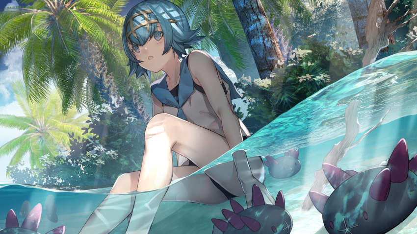 1girl bare_legs blue_eyes blue_hair bush gen_7_pokemon highres leaf miya-ki_(miya_key) open_mouth palm_tree partially_submerged pokemon pokemon_(creature) pokemon_(game) pokemon_sm pyukumuku shade short_hair sitting stick suiren_(pokemon) swimsuit swimsuit_under_clothes tree underwater water