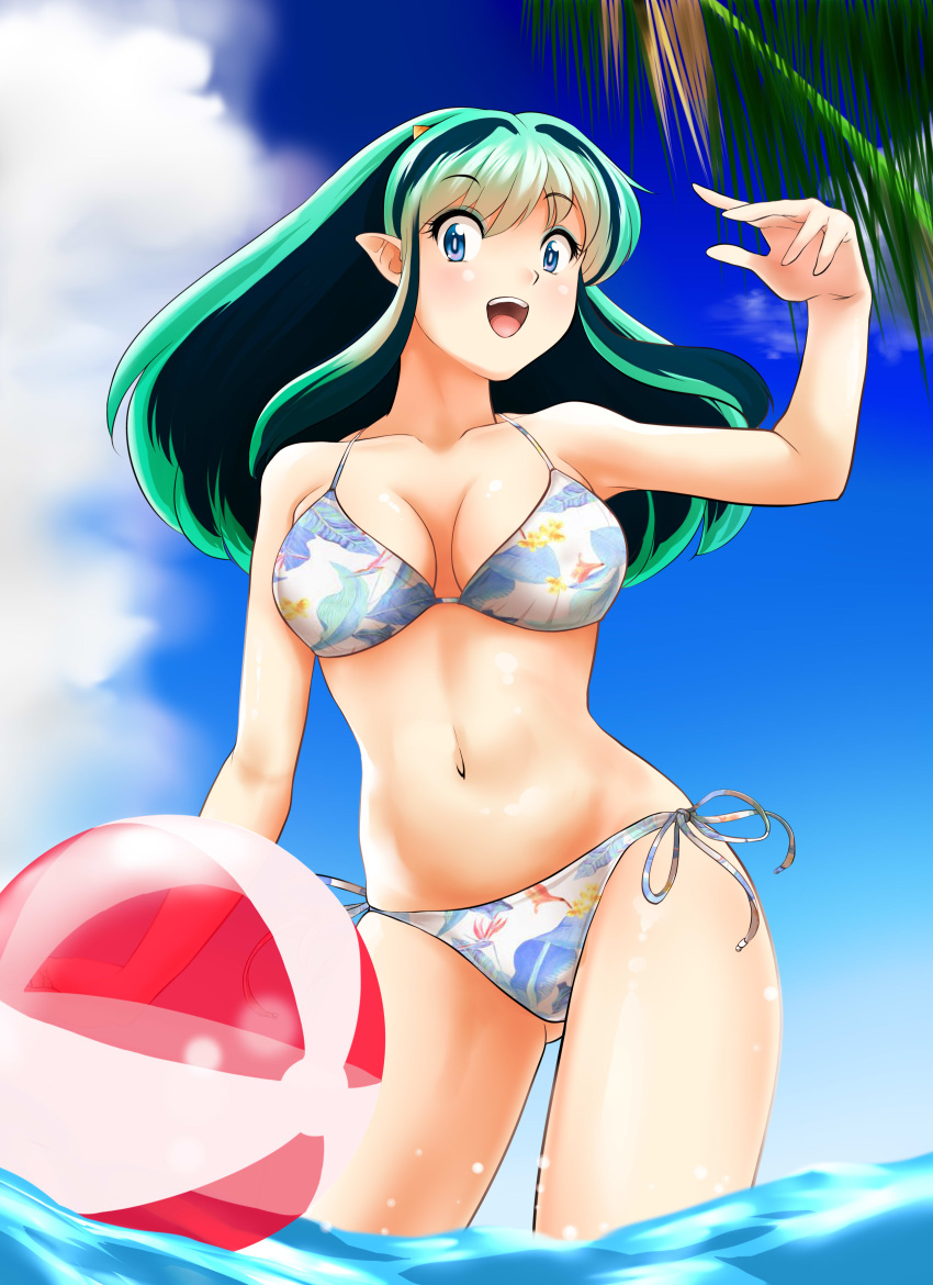 1girl absurdres ass_visible_through_thighs ball beachball bikini blue_eyes blue_sky breasts cloud collarbone commentary_request contrapposto day green_hair highres long_hair looking_at_viewer lum medium_breasts nanao_futaba navel oni_horns open_mouth outdoors palm_tree pointy_ears print_bikini side-tie_bikini sky smile soaking_feet solo standing swimsuit tree upper_teeth urusei_yatsura