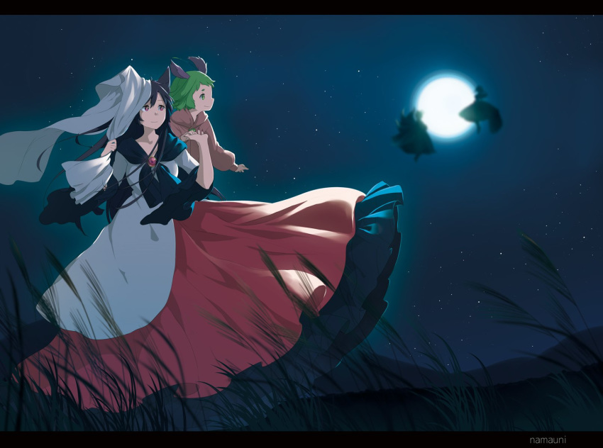 4girls animal_ears artist_name backlighting bangs breasts brooch brown_hair commentary_request cover dog_ears dress english_text floating fox_tail full_moon futatsuiwa_mamizou grass green_eyes green_hair hair_between_eyes hands_up height_difference highres imaizumi_kagerou jewelry kasodani_kyouko letterboxed long_hair long_sleeves looking_afar medium_breasts moon moonlight multicolored multicolored_clothes multicolored_dress multiple_girls multiple_tails namauni night night_sky outdoors pink_dress raccoon_tail red_dress red_eyes shawl short_hair silhouette sky smile star star_(sky) tail title touching touhou white_dress wide_sleeves wind wolf_ears yakumo_ran