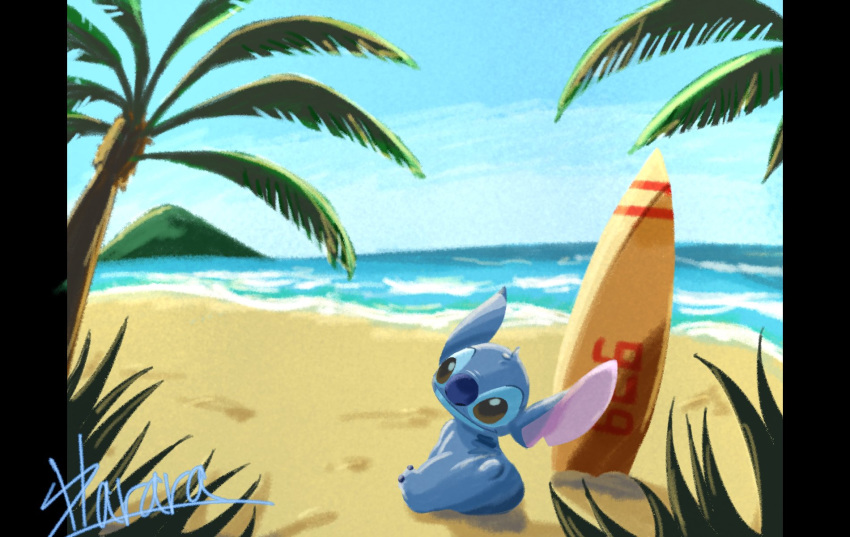 2019 alien back_markings beach blue_fur blue_nose brown_eyes disney experiment_(lilo_and_stitch) fur harara hawaii head_tuft hi_res lilo_and_stitch looking_at_viewer looking_back markings mountain notched_ear outside palm_tree sea seaside signature sitting sky small_tail smile solo stitch_(lilo_and_stitch) surfboard tree tropical tuft water