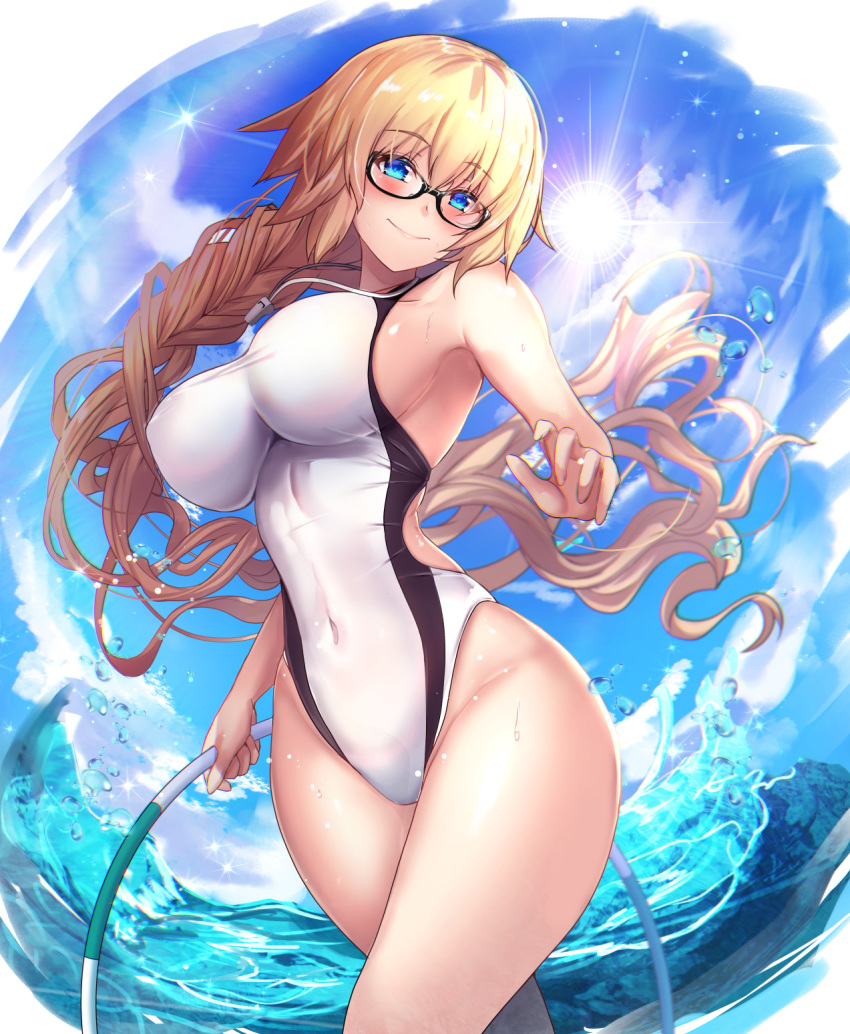 1girl bangs blonde_hair blue_eyes blue_sky blush braid breasts cloud competition_swimsuit covered_navel day eyebrows_visible_through_hair fate/grand_order fate_(series) glasses hair_between_eyes hairband hand_up highres holding hoop hula_hoop impossible_clothes impossible_swimsuit jeanne_d'arc_(fate)_(all) jeanne_d'arc_(swimsuit_archer) large_breasts long_hair looking_at_viewer one-piece_swimsuit outdoors sidelocks single_braid sky smile solo splashing swimsuit taut_clothes taut_swimsuit untsue very_long_hair wading whistle whistle_around_neck white_swimsuit
