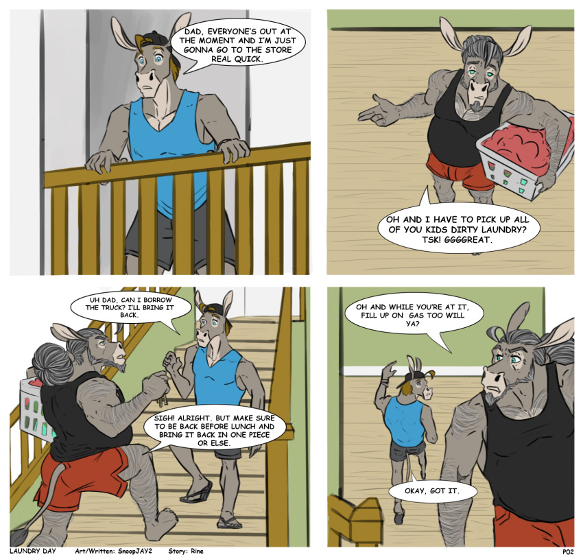 anthro arm_hair asinus beard clothed clothing comic dialogue donkey duo english_text equid equine facial_hair father hairy hat headgear headwear hi_res inside leg_hair lucas_raymond male mammal mature_male musclegut open_mouth parent shirt slightly_chubby snoopjay2 son standing tank_top text topwear