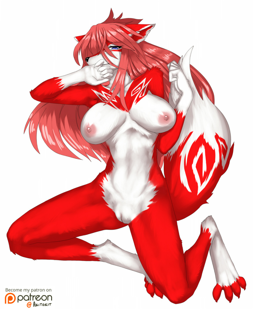 akitokit anthro big_breasts blue_eyes breasts canid canine canis female fur hair hi_res mammal nervous nude paws pussy red_fur red_hair simple_background solo white_background wolf