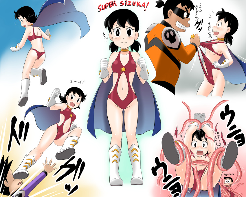 1boy 1girl black_hair blush breasts closed_mouth commentary_request doraemon groin highres kakkii looking_at_viewer minamoto_shizuka multiple_boys navel nobi_nobita open_mouth short_hair smile tentacles torn_clothes twintails