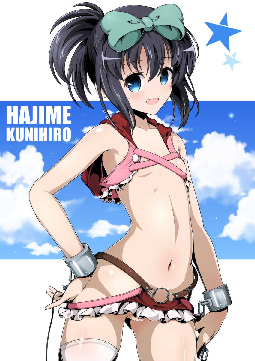 1girl bare_shoulders black_hair blue_eyes blush bow character_name commentary_request cuffs flat_chest hair_between_eyes hair_bow hand_on_hip highres hip_vent kunihiro_hajime looking_at_viewer navel no_panties open_mouth ponytail pussy revealing_clothes saki shiny shiny_hair shiny_skin short_hair single_thighhigh skirt smile solo standing star thighhighs xiao_rui_rui