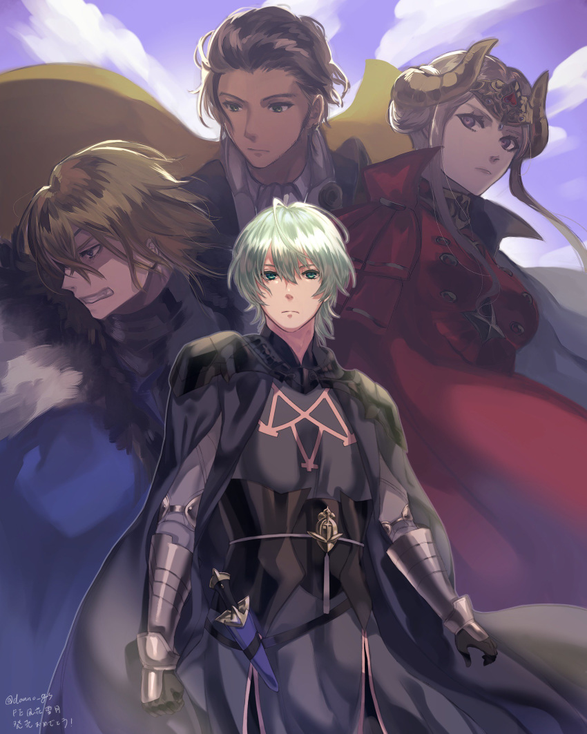 1girl 3boys absurdres armor black_cape black_gloves blonde_hair blue_cape brown_hair byleth byleth_(male) cape claude_von_regan_(fire_emblem) clenched_teeth closed_mouth cloud crown danno_gs dark_skin dark_skinned_male dimitri_alexandre_bladud_(fire_emblem) double_bun edelgard_von_hresvelgr_(fire_emblem) fire_emblem fire_emblem:_three_houses gloves green_hair hair_ornament headpiece highres horns knife multiple_boys older red_cape sheath short_hair sky teeth twitter_username yellow_cape