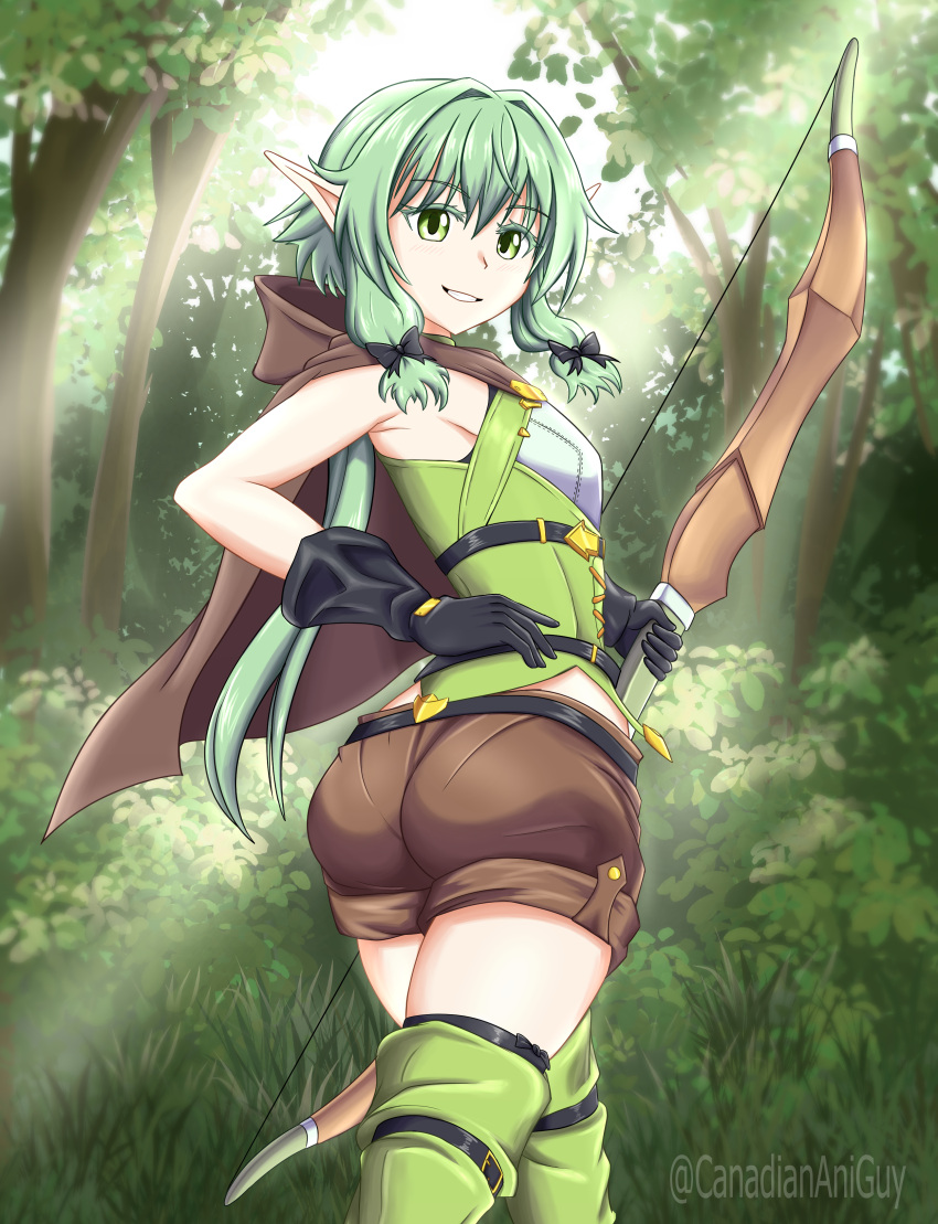 1girl absurdres ass blush bow_(weapon) brown_shorts canadiananiguy capelet commentary day elf english_commentary forest from_behind goblin_slayer! green_eyes green_hair hair_intakes high_elf_archer_(goblin_slayer!) highres long_hair looking_at_viewer looking_back nature outdoors pantylines pointy_ears shiny shiny_hair shorts smile solo standing thighhighs weapon