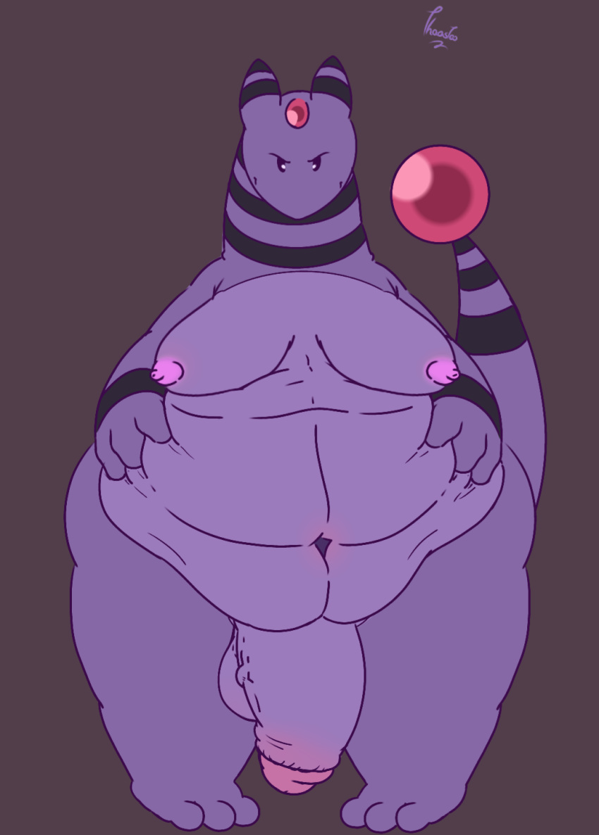 ampharos balls belly big_belly breasts electric fan_character flaccid glans hi_res humanoid_penis male navel nintendo obese overweight penis poison pok&eacute;mon pok&eacute;mon_(species) purple_skin solo thaasteo thick_thighs video_games
