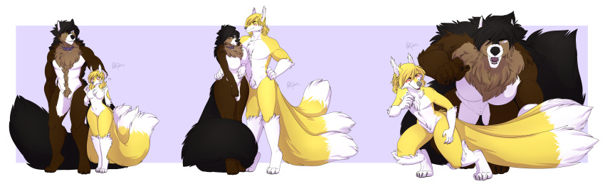 2017 ? absurd_res alex_(ticktockfox) anthro belly_tuft big_tail black_hair black_nose border breasts brown_fur canid canine canis chest_tuft collar crossgender crouching dipstick_tail duo facial_markings featureless_breasts female fluffy fluffy_tail fox front_view fur hair head_markings hi_res larger_female larger_male male mammal markings multi_tail multicolored_tail multiple_poses muscular muscular_female muscular_male mutt_(sessinoga) neck_tuft nude open_mouth pose red_markings redpixie signature simple_background size_difference smile standing teeth tuft white_border white_fur wolf yellow_fur
