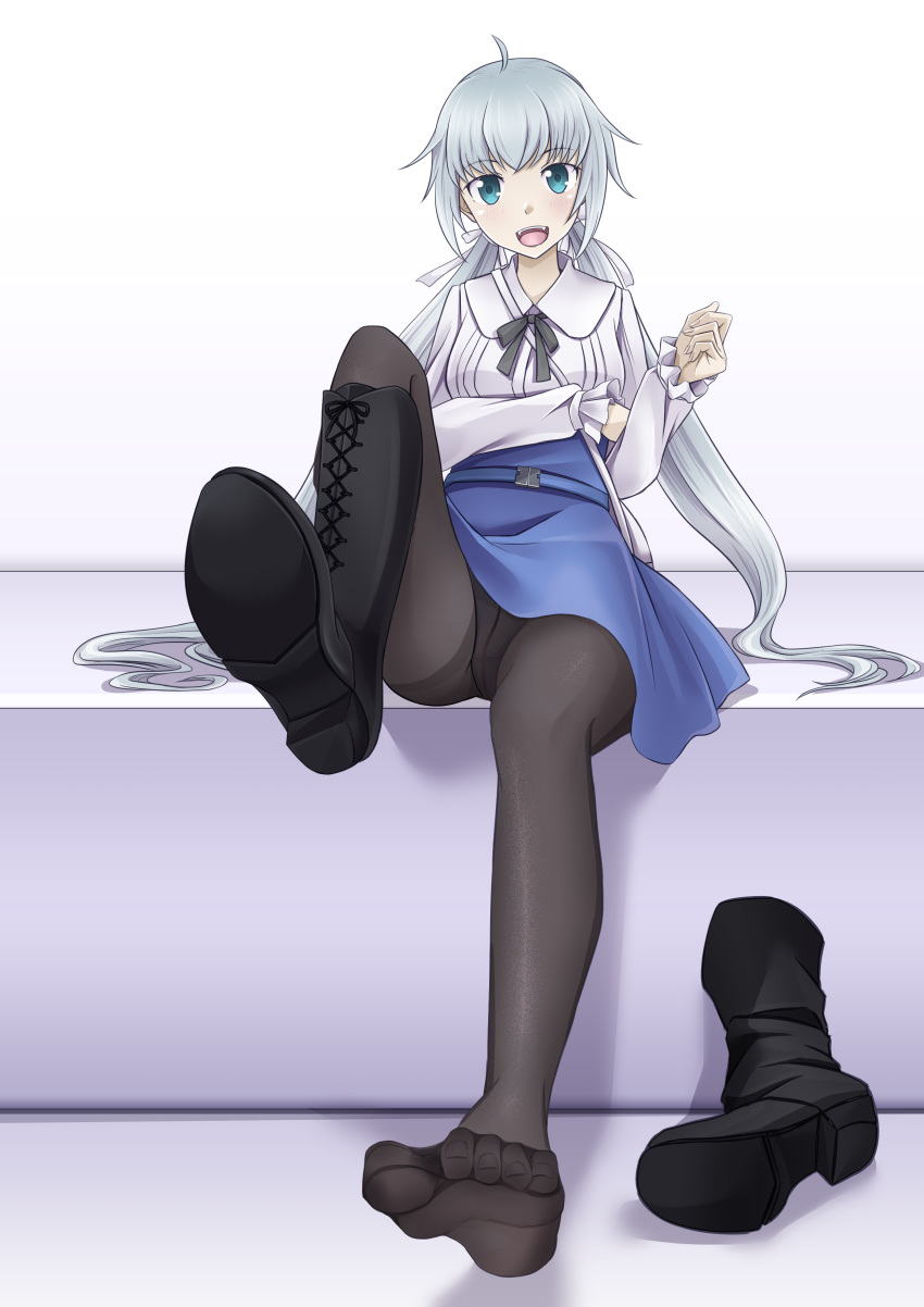 1girl absurdres blue_eyes feet highres long_hair no_shoes no_socks pantyhose purofu_hitsudoku silver_hair soles sterett_(warship_girls_r) stylet toes