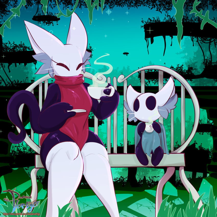 1:1 2019 alternate_species beverage big_forearms black_eyes black_skin breasts cloak clothed clothing damianvertigo domestic_cat duo felid feline felis female hi_res hollow_knight hornet_(hollow_knight) hornyan inner_ear_fluff legwear mammal protagonist_(hollow_knight) size_difference thick_thighs thigh_highs vessel_(species) video_games wide_hips