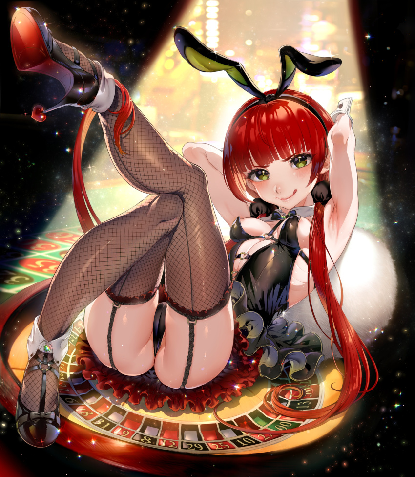 1girl absurdres animal_ears armpits arms_behind_head arms_up ass bangs blunt_bangs blush breasts bunny_ears bunny_girl cameltoe closed_mouth detached_collar dress fake_animal_ears fishnet_legwear fishnets frills garter_straps glint green_eyes heart_ring highleg highres ikezaki_misa lips long_hair looking_at_viewer low_twintails lying official_art original red_hair ribs roulette roulette_table short_dress sleeveless small_breasts smile solo thighhighs tongue tongue_out twintails v-shaped_eyebrows wrist_cuffs