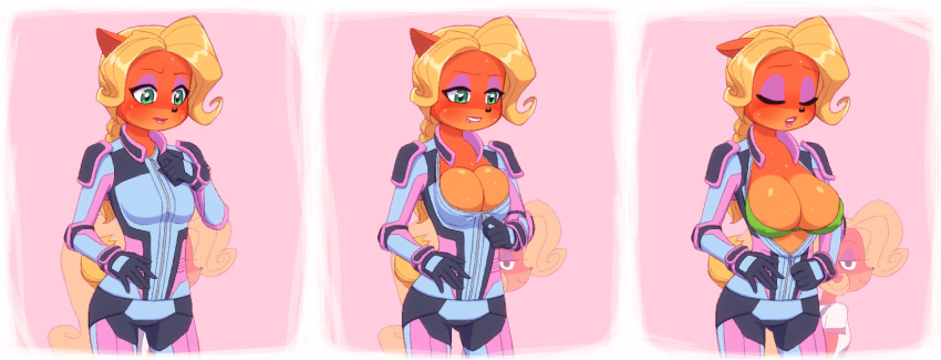 2019 anthro bandicoot big_breasts black_clothing black_nose blonde_hair blue_clothing blush bodysuit bra braided_hair breasts cleavage clothed clothing coco_bandicoot collar comic crash_bandicoot_(series) curled_hair detailed_background digital_media_(artwork) duo eyelashes eyes_closed eyeshadow female from_behind_(disambiguation) fur gloves green_bra green_clothing green_eyes green_underwear hair hairbraid handwear hi_res kempferzero knee_pads lidded_eyes lipstick long_hair looking_at_viewer makeup mammal marsupial mischievous multicolored_clothing naughty_dog open_mouth orange_fur overalls pink_clothing ponytail shirt shoulder_pads simple_background skinsuit smile sony_corporation sony_interactive_entertainment standing t-shirt tawna_bandicoot tight_clothing topwear underwear undressing unzipping video_games white_clothing white_shirt white_topwear