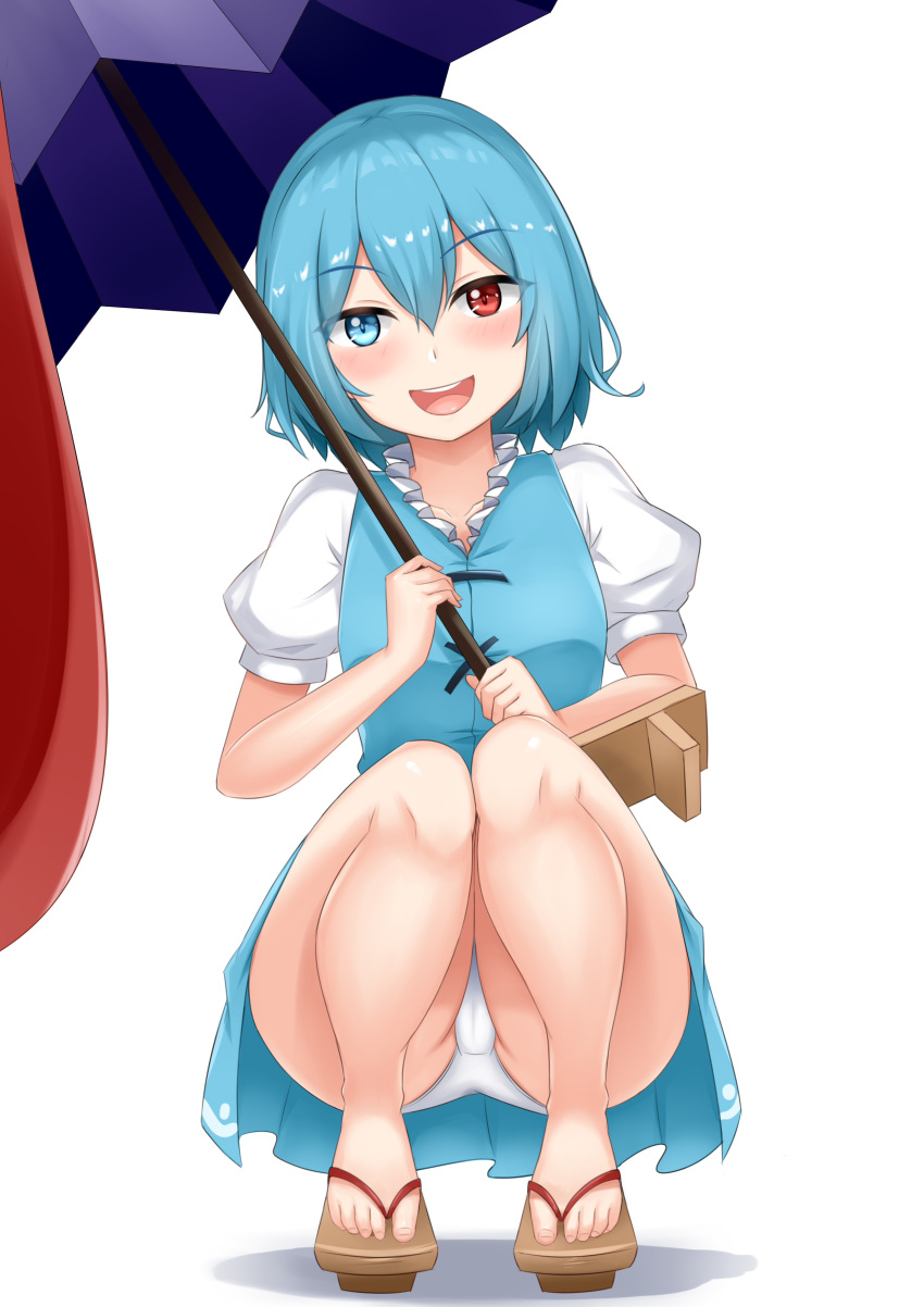 1girl :d absurdres bangs blue_eyes blue_hair blue_skirt blue_vest blush breasts brown_footwear cameltoe commentary_request eyebrows_visible_through_hair full_body geta hair_between_eyes heterochromia highres holding holding_umbrella looking_at_viewer open_mouth panties pleated_skirt puffy_short_sleeves puffy_sleeves purple_umbrella red_eyes shadow shirt short_hair short_sleeves simple_background skirt skirt_set small_breasts smile solo squatting tatara_kogasa thighs tongue touhou umbrella underwear vest white_background white_panties white_shirt wuwusan