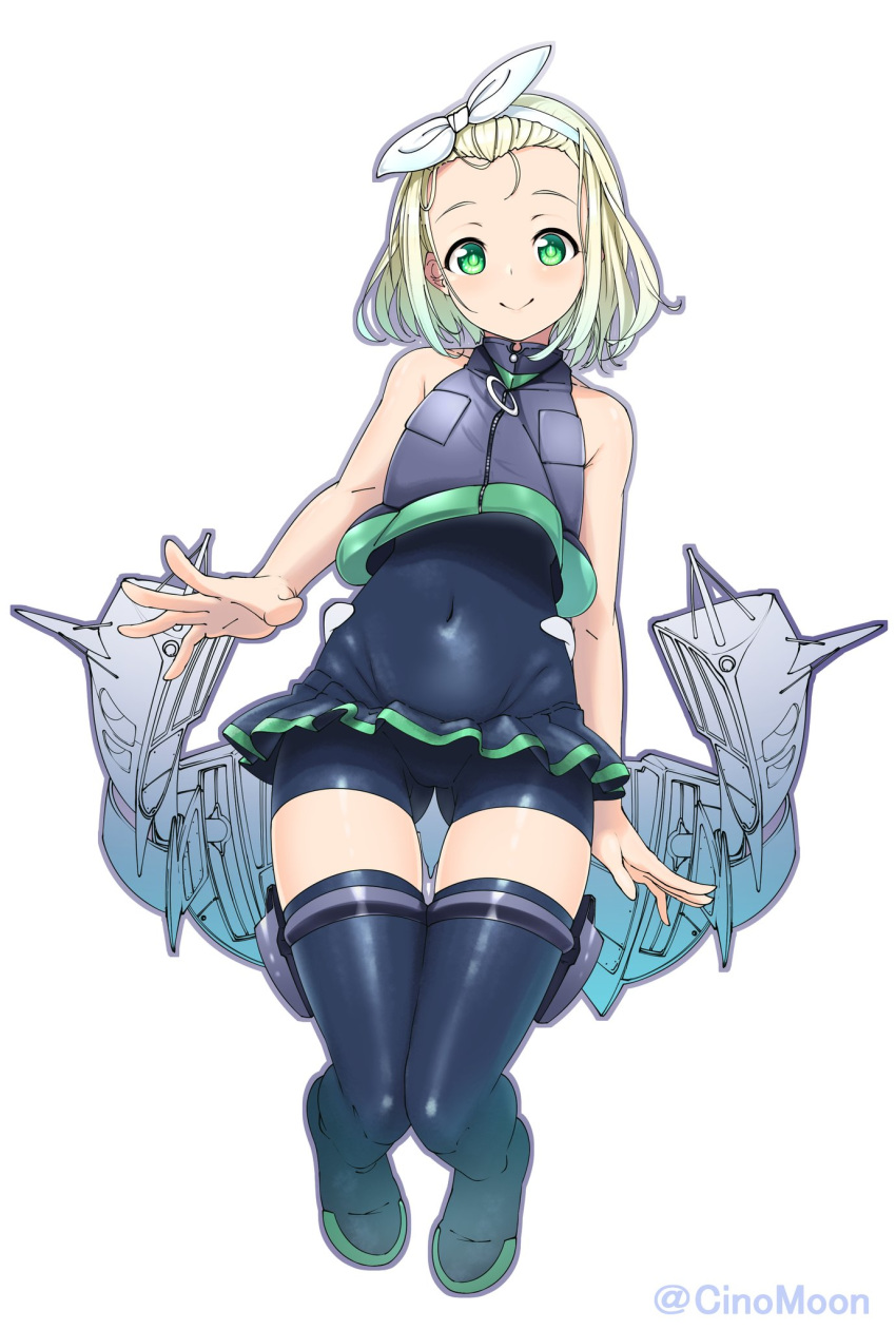 1girl ass_visible_through_thighs blonde_hair boots covered_navel flat_chest green_eyes hairband highres kantai_collection looking_at_viewer luigi_torelli_(kantai_collection) machinery short_hair simple_background sleeveless smile solo tatsu_shinomu thigh_boots thighhighs twitter_username wetsuit white_background white_hairband