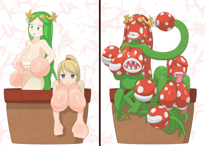 big_breasts blonde_hair breasts crown duo female flora_fauna green_hair hair hi_res human kid_icarus mammal mario_bros metroid nintendo nipple_mouth not_furry nude palutena pattern piranha_plant plant plant_pot post_transformation red_hair samus_aran sharp_teeth simple_background spots teeth tongue transformation video_games vines what