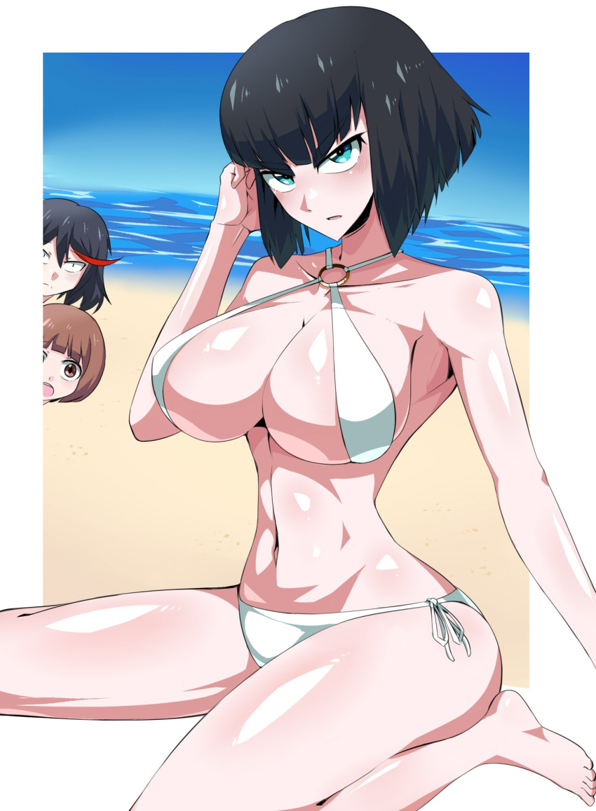 1girl 3girls alternate_hairstyle beach bikini blue_eyes blue_sky breasts brown_eyes brown_hair highres kill_la_kill kiryuuin_satsuki large_breasts mankanshoku_mako matoi_ryuuko multiple_girls o-ring o-ring_top short_hair side-tie_bottom sitting sky solo_focus spoilers suzusiigasuki swimsuit white_bikini