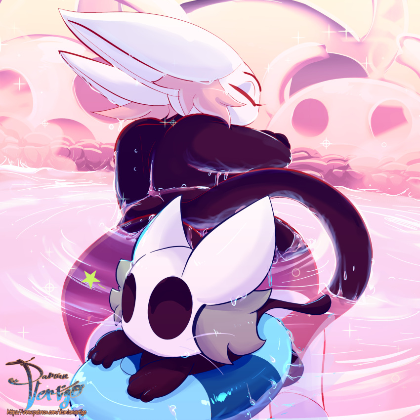 1:1 2019 alternate_species big_forearms black_eyes black_skin butt convenient_censorship damianvertigo domestic_cat duo felid feline felis female hi_res hollow_knight hornet_(hollow_knight) hornyan hot_spring inner_ear_fluff inner_tube mammal protagonist_(hollow_knight) size_difference vessel_(species) video_games water wide_hips