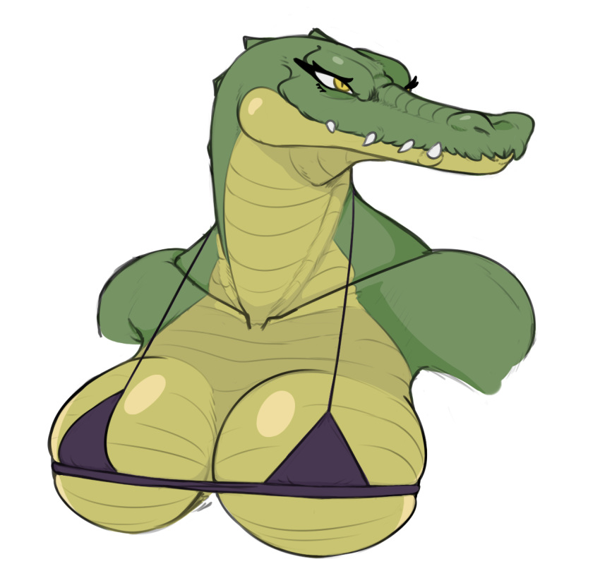 anthro big_breasts bikini breasts bust_portrait chubbachunks clothing crocodile crocodilian crocodylid female half-closed_eyes hi_res looking_away portrait reptile scalie sharp_teeth simple_background solo swimwear teeth topwear